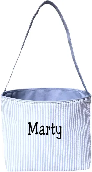 SONA G DESIGNS Personalize with a Name Seersucker Stripe Fabric Easter Basket Bucket Tote Bag - Egg Collecting