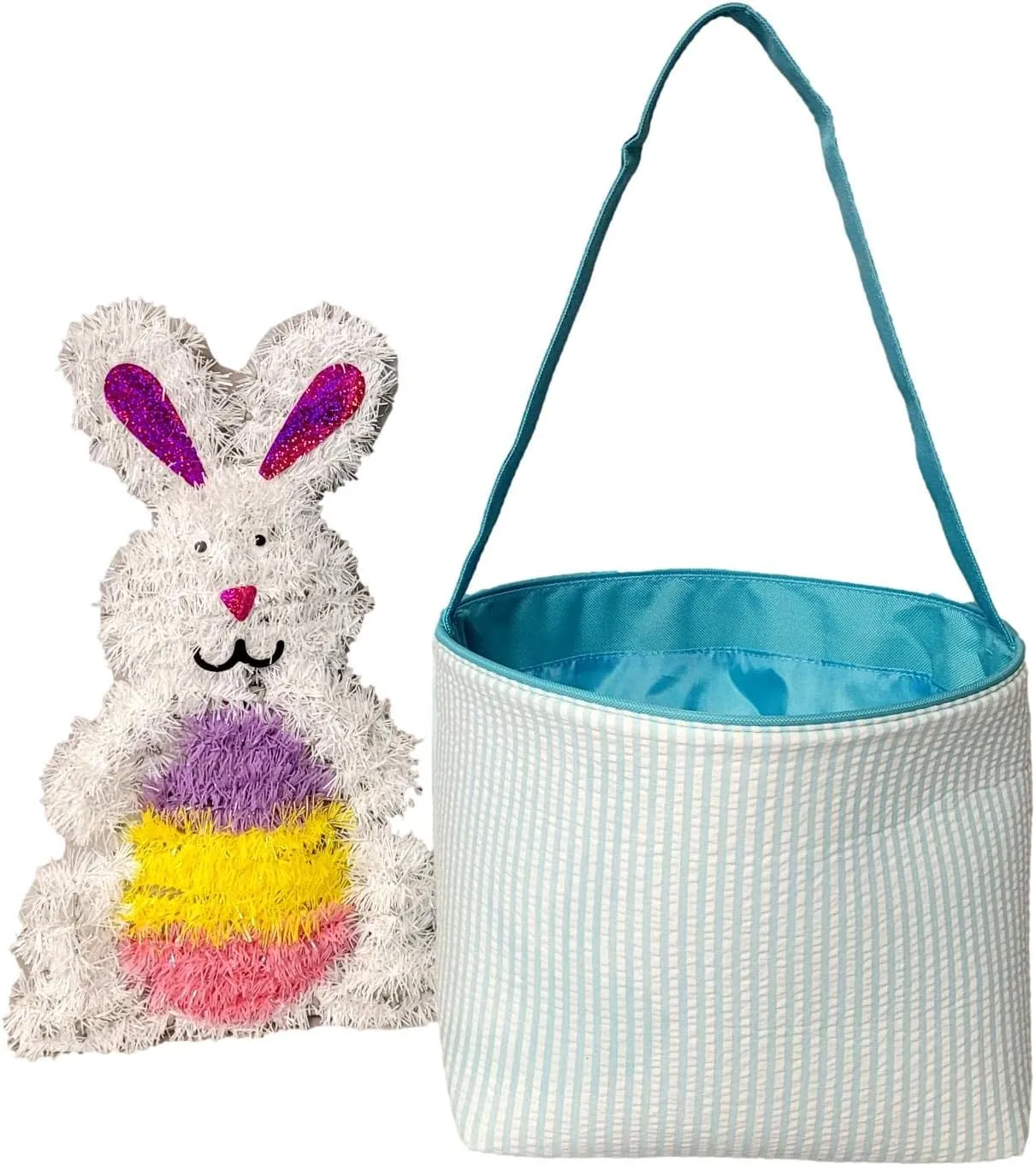 SONA G DESIGNS Personalize with a Name Seersucker Stripe Fabric Easter Basket Bucket Tote Bag - Egg Collecting