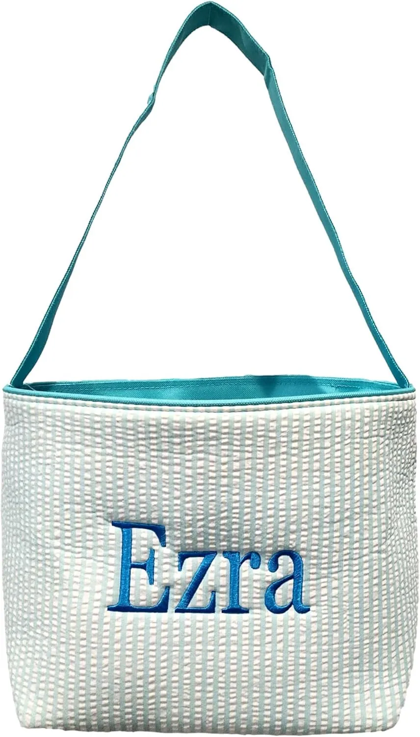 SONA G DESIGNS Personalize with a Name Seersucker Stripe Fabric Easter Basket Bucket Tote Bag - Egg Collecting