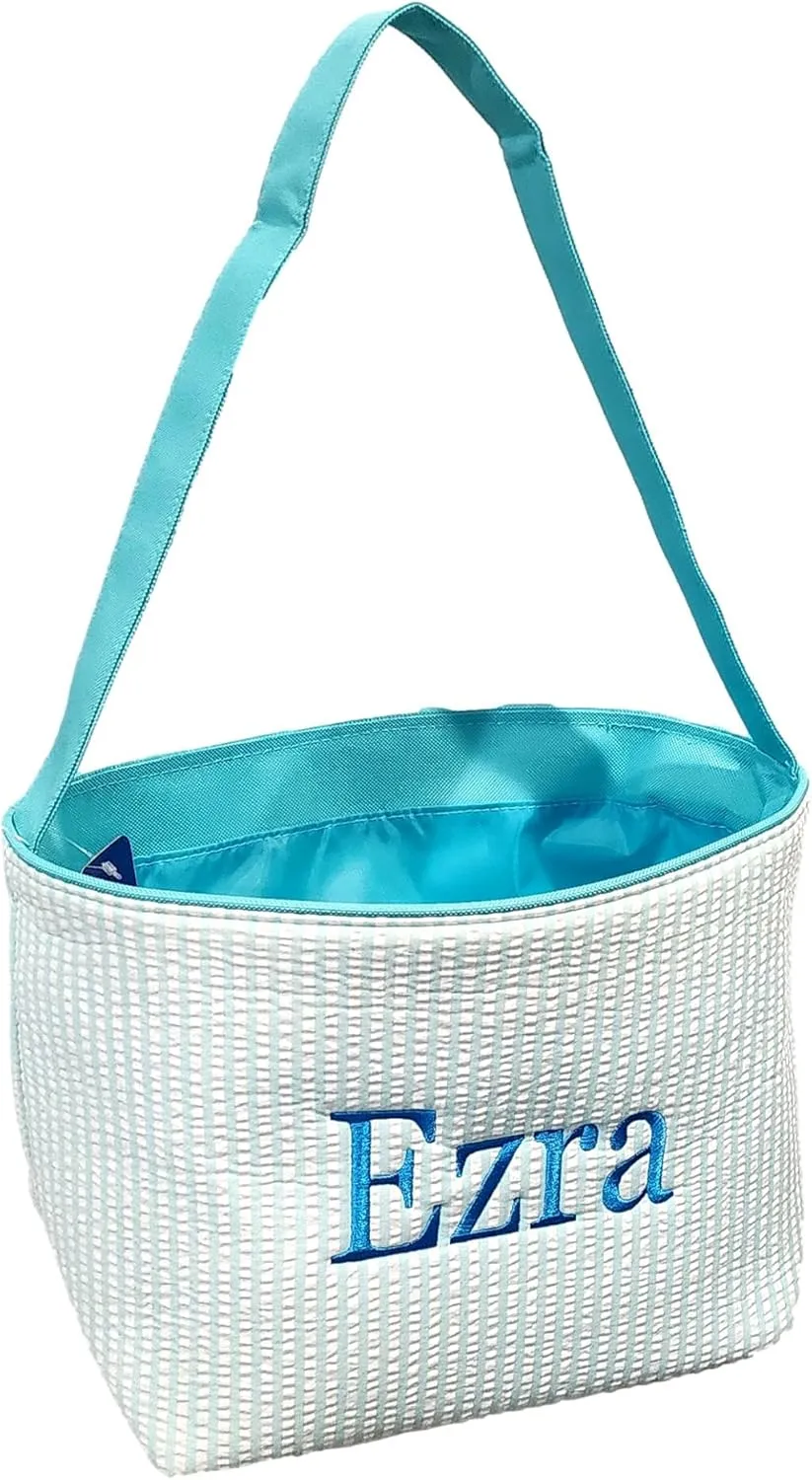 SONA G DESIGNS Personalize with a Name Seersucker Stripe Fabric Easter Basket Bucket Tote Bag - Egg Collecting
