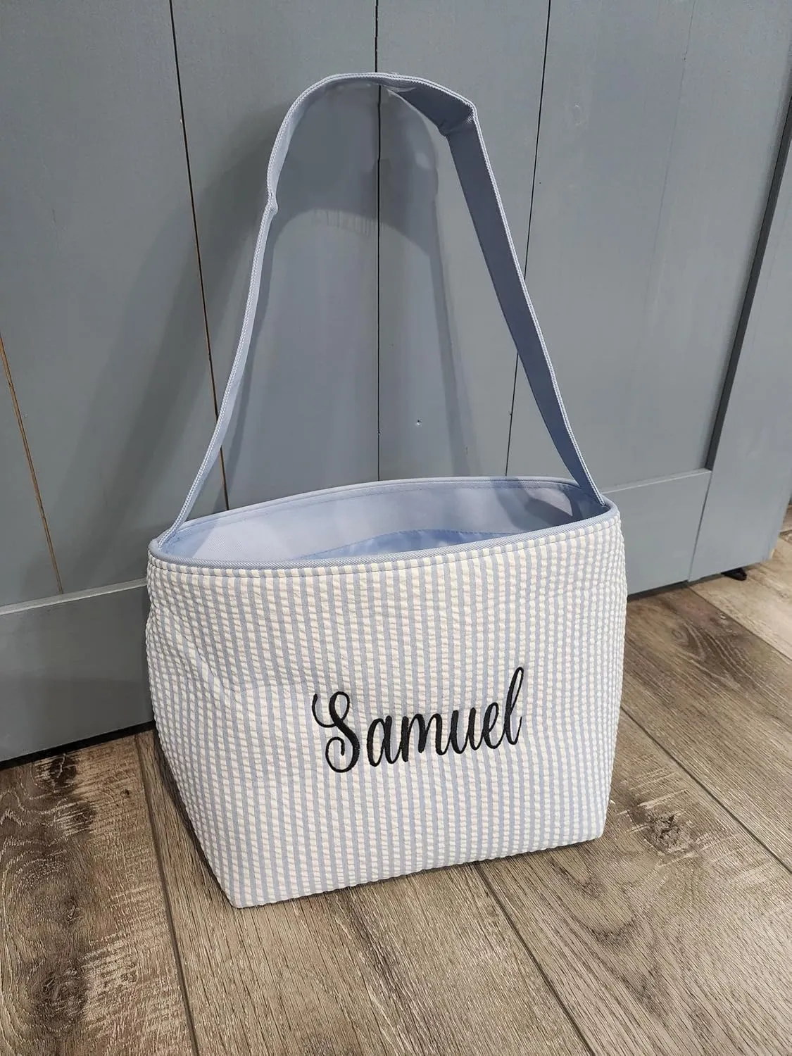 SONA G DESIGNS Personalize with a Name Seersucker Stripe Fabric Easter Basket Bucket Tote Bag - Egg Collecting