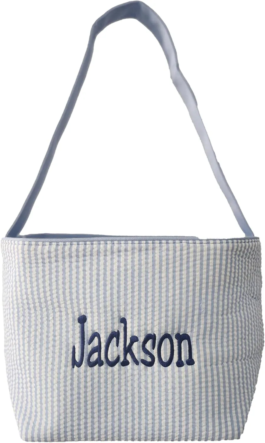 SONA G DESIGNS Personalize with a Name Seersucker Stripe Fabric Easter Basket Bucket Tote Bag - Egg Collecting