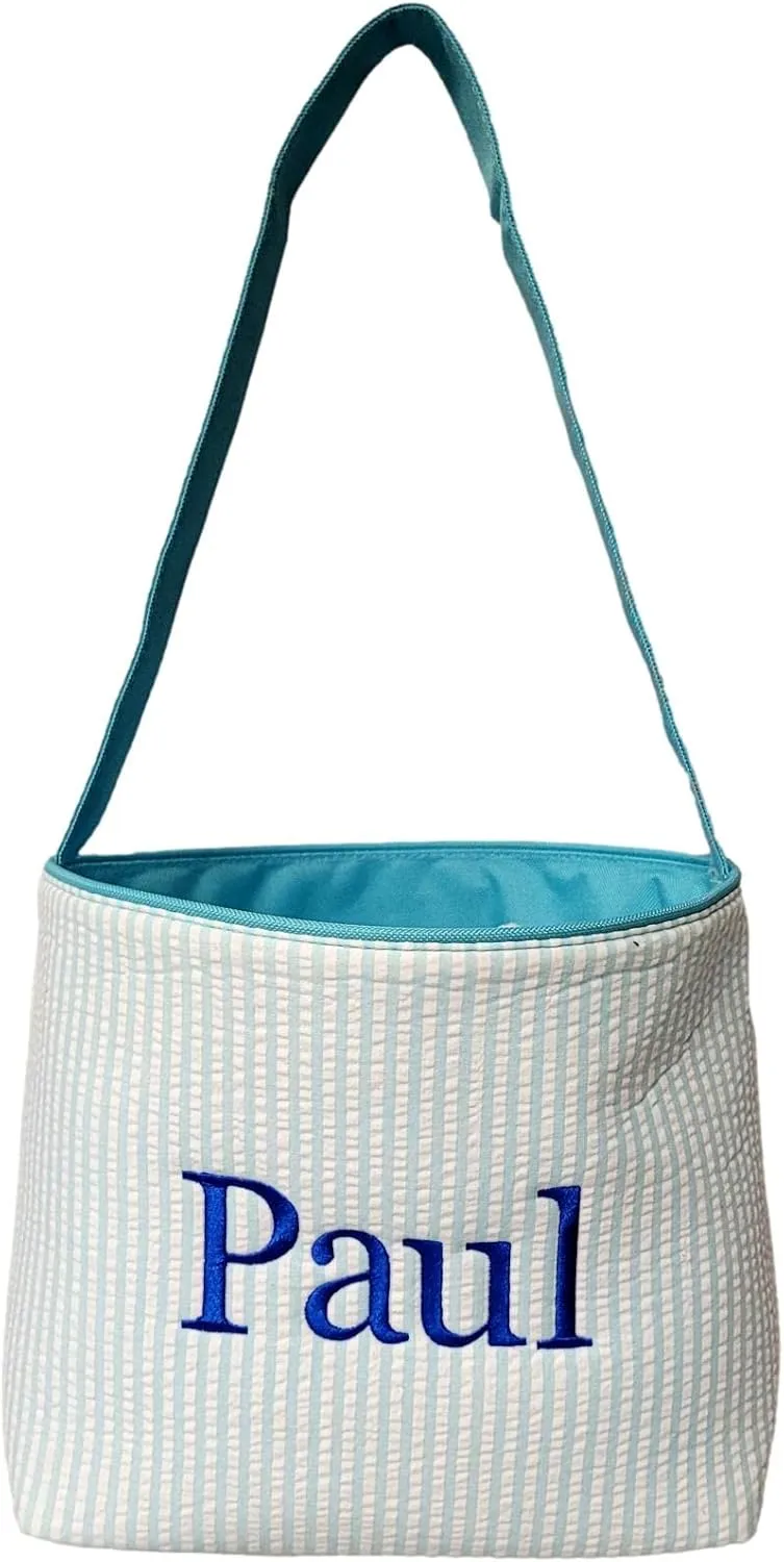 SONA G DESIGNS Personalize with a Name Seersucker Stripe Fabric Easter Basket Bucket Tote Bag - Egg Collecting
