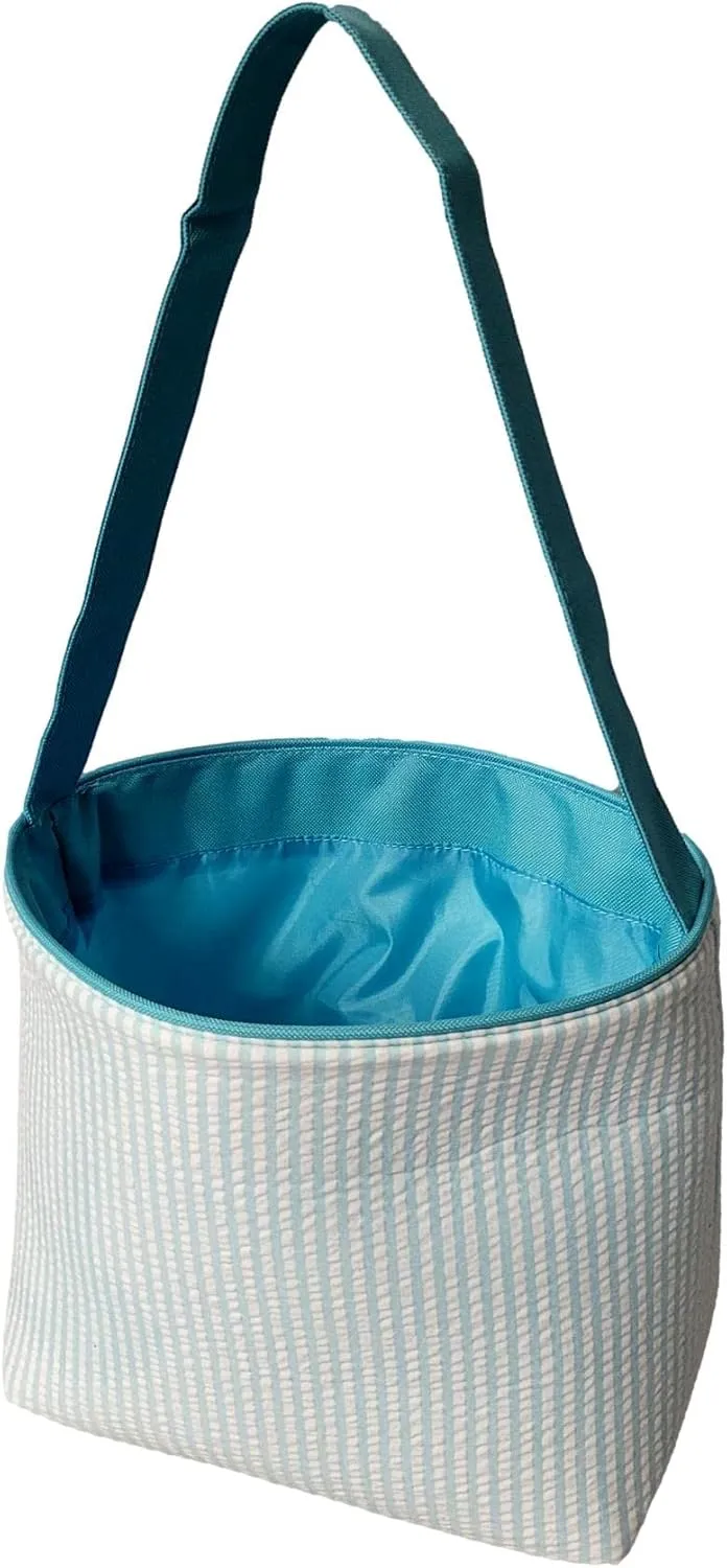 SONA G DESIGNS Seersucker Stripe Fabric Easter Basket Bucket Tote Bag - Egg Collecting