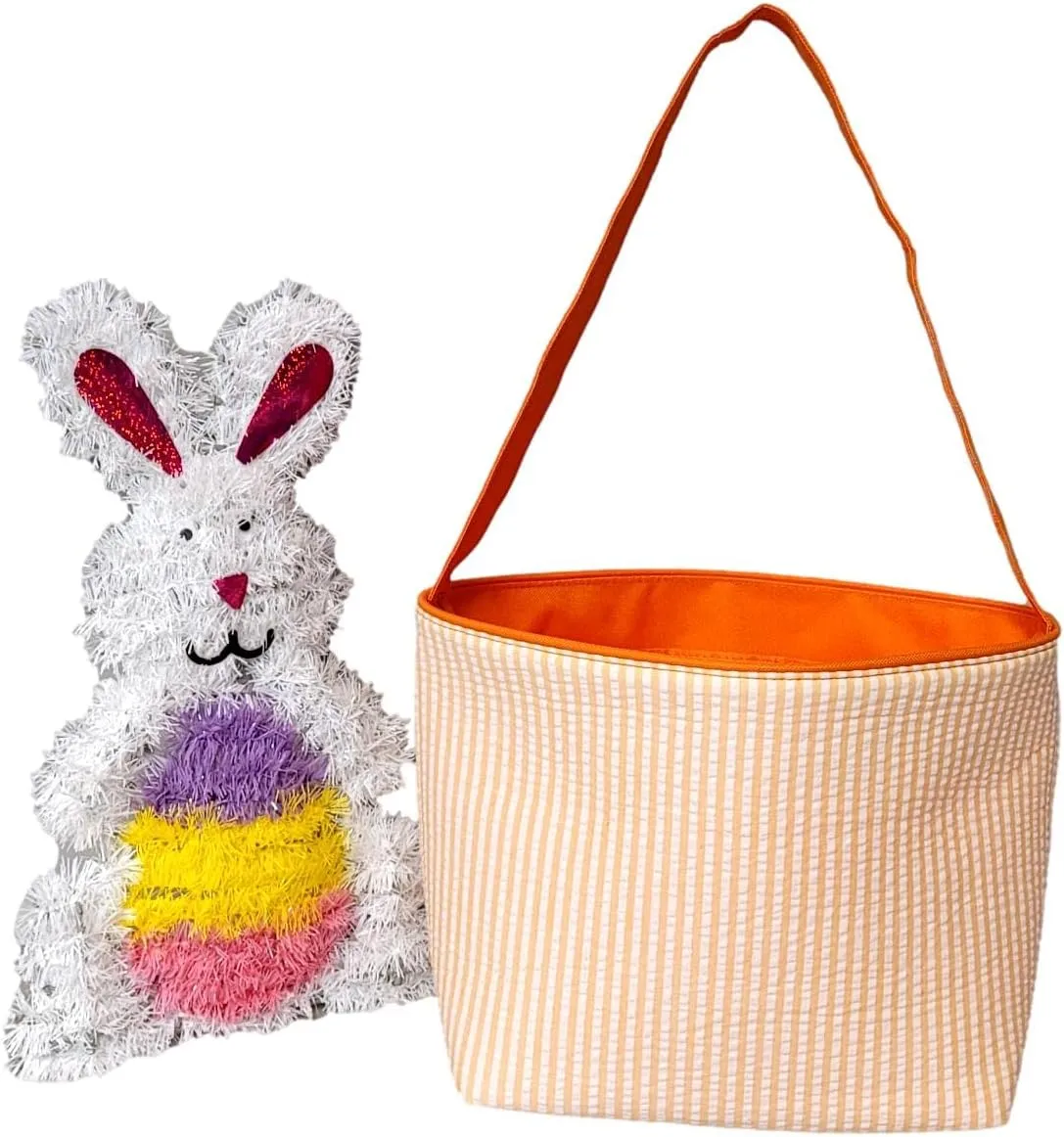 SONA G DESIGNS Seersucker Stripe Fabric Easter Basket Bucket Tote Bag - Egg Collecting