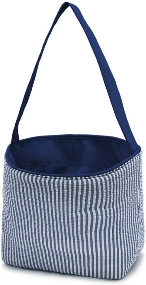 SONA G DESIGNS Seersucker Stripe Fabric Easter Basket Bucket Tote Bag - Egg Collecting