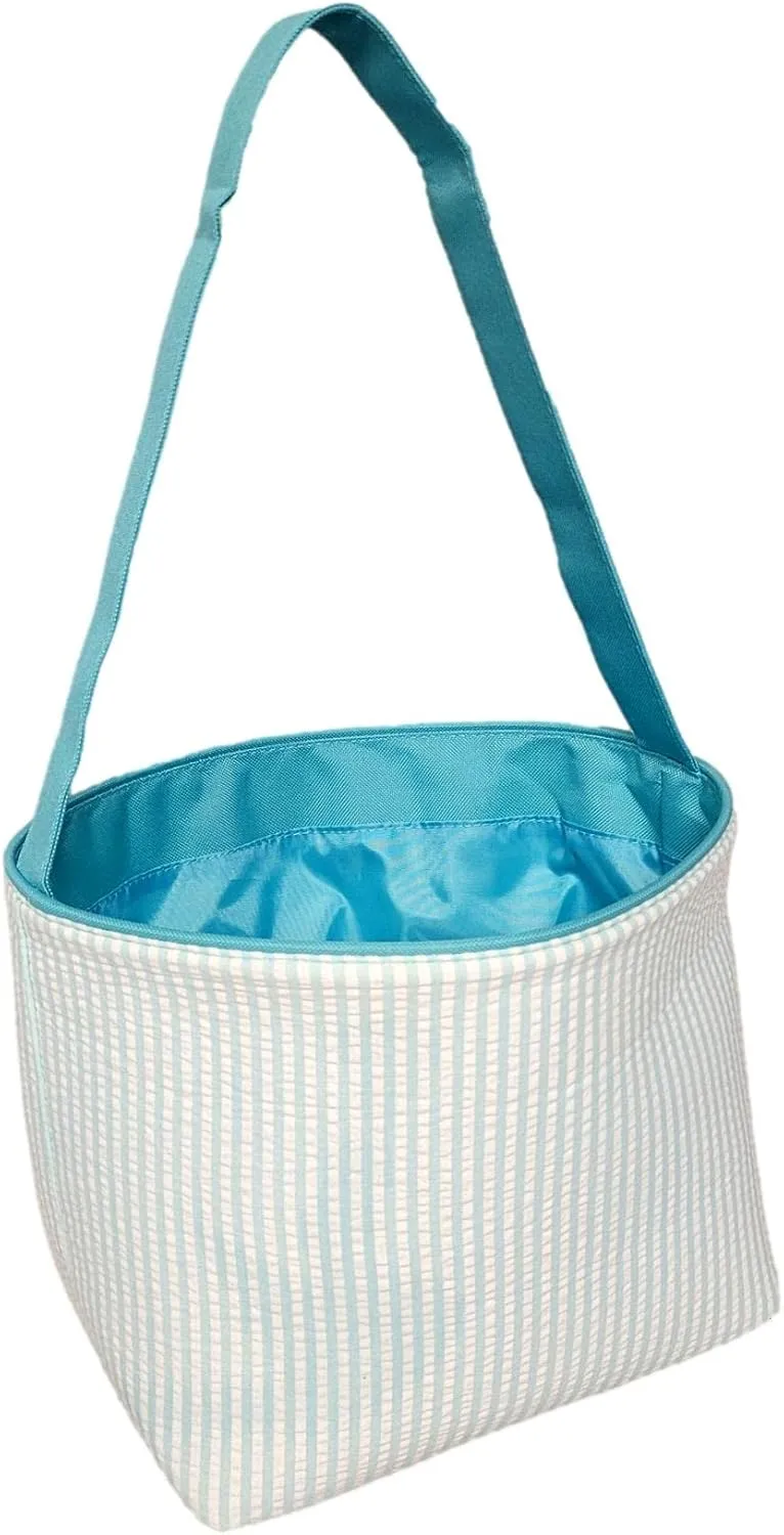 SONA G DESIGNS Seersucker Stripe Fabric Easter Basket Bucket Tote Bag - Egg Collecting