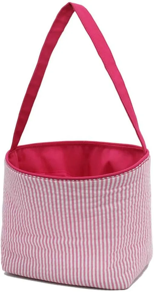 SONA G DESIGNS Seersucker Stripe Fabric Easter Basket Bucket Tote Bag - Egg Collecting