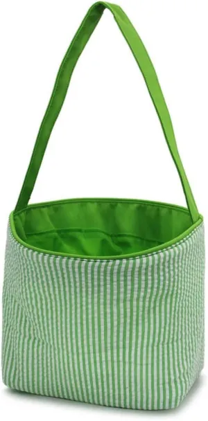 SONA G DESIGNS Seersucker Stripe Fabric Easter Basket Bucket Tote Bag - Egg Collecting