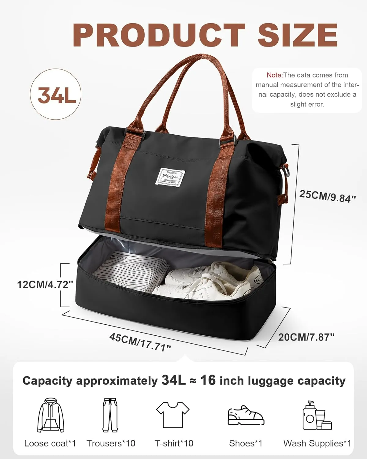 Spirit Travel Duffel - 18x14x8 Inches Weekender Overnight Bag with Shoes Compartment, Trolley Sleeve & Carry On for Airplanes, Sport Tote Gym Bag - Black/Brown