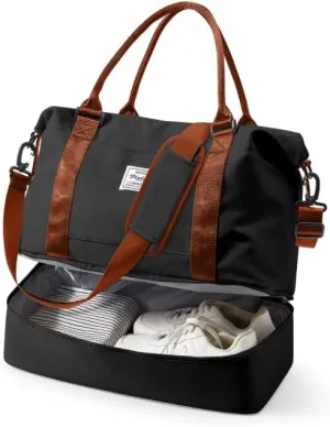 Spirit Travel Duffel - 18x14x8 Inches Weekender Overnight Bag with Shoes Compartment, Trolley Sleeve & Carry On for Airplanes, Sport Tote Gym Bag - Black/Brown