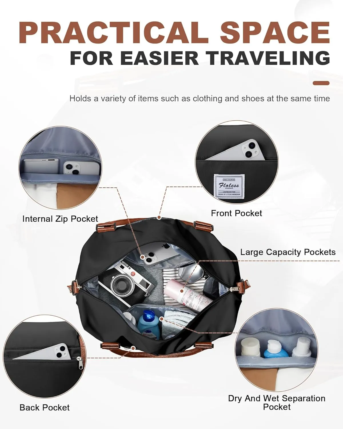 Spirit Travel Duffel - 18x14x8 Inches Weekender Overnight Bag with Shoes Compartment, Trolley Sleeve & Carry On for Airplanes, Sport Tote Gym Bag - Black/Brown