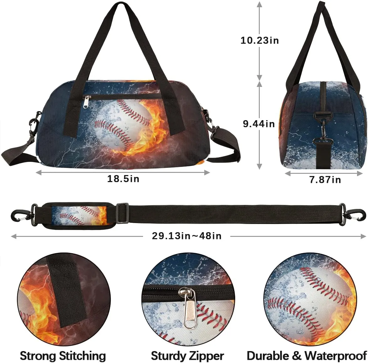 Sport Baseball In Fire Water Kids Duffel Bag for Girls Boys Sport Gym Bag Small Overnight Weekender Tote Bag Teen Dance Bag for Traveling Gymnastic