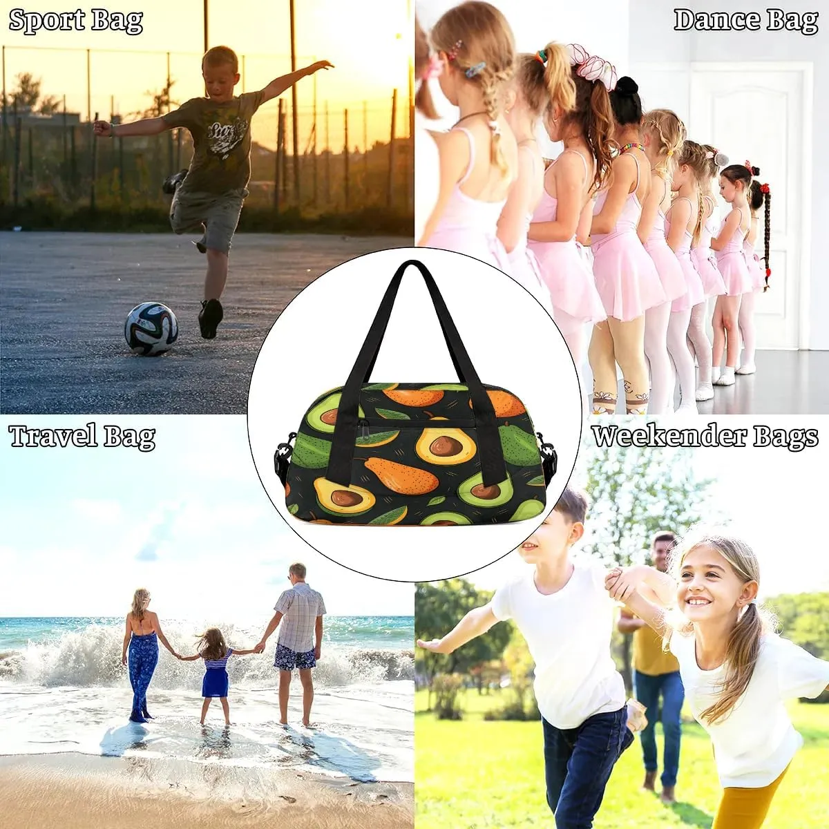 Sport Duffel Bag Avocado Fruit Kids Gym Bag Weekender Overnight Bags for Boys Girls Teens Carry On Workout Travel Bag