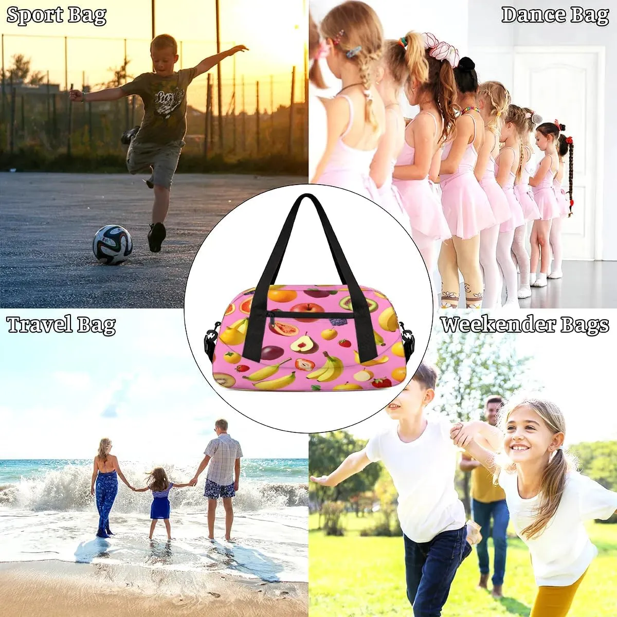 Sport Duffel Bag Banana Grape Strawberry Kids Gym Bag Weekender Overnight Bags for Boys Girls Teens Carry On Workout Travel Bag