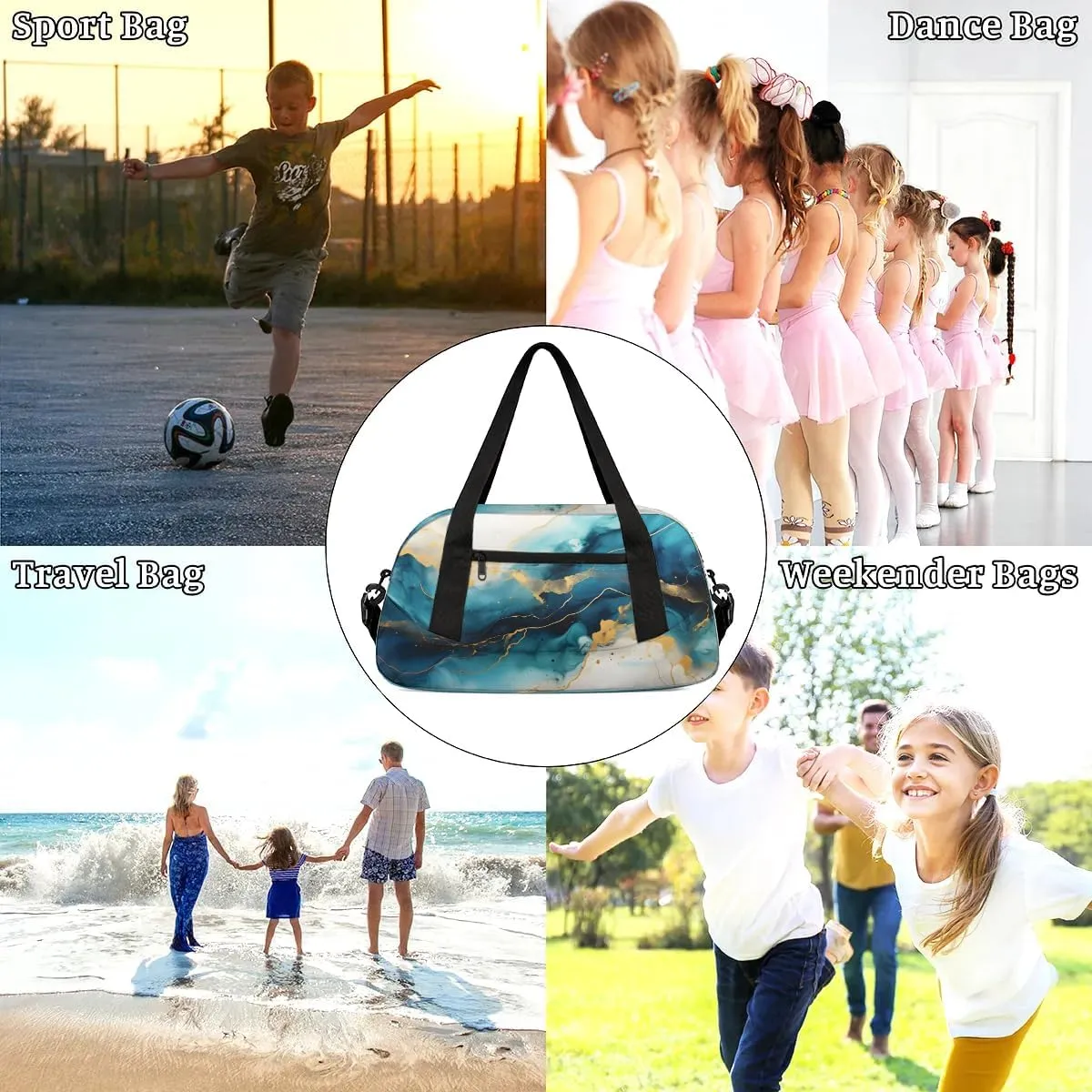 Sport Duffel Bag Blue Marble Style Kids Gym Bag Weekender Overnight Bags for Boys Girls Teens Carry On Workout Travel Bag