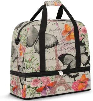 Sports Duffel Bag, Foldable Abstract France Paris Travel Duffel Bag, Gym Yoga Beach Bag Weekender Overnight Bag with Shoes Compartment for Men Women, Roses Flowers French France