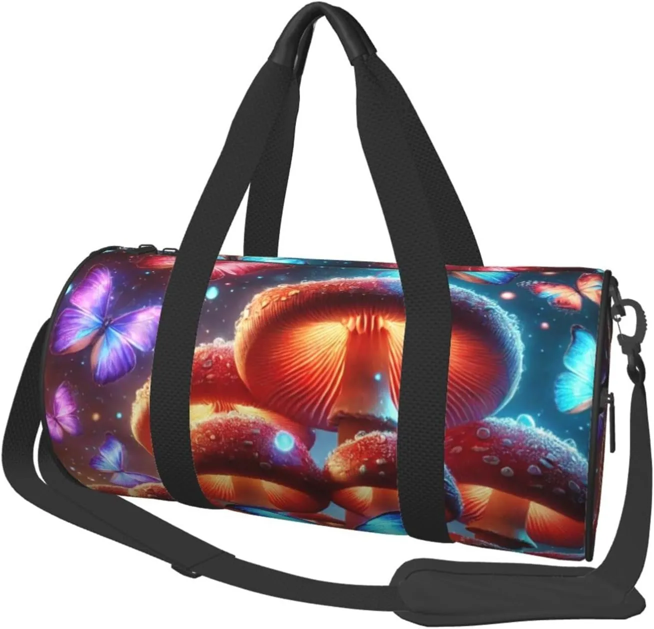 Sports Duffel Bag Magical-Glowing-Mushrooms-Butterflies Foldable Travel Tote Bag Weekender Sleepover Carry On Bag