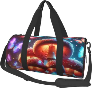 Sports Duffel Bag Magical-Glowing-Mushrooms-Butterflies Foldable Travel Tote Bag Weekender Sleepover Carry On Bag