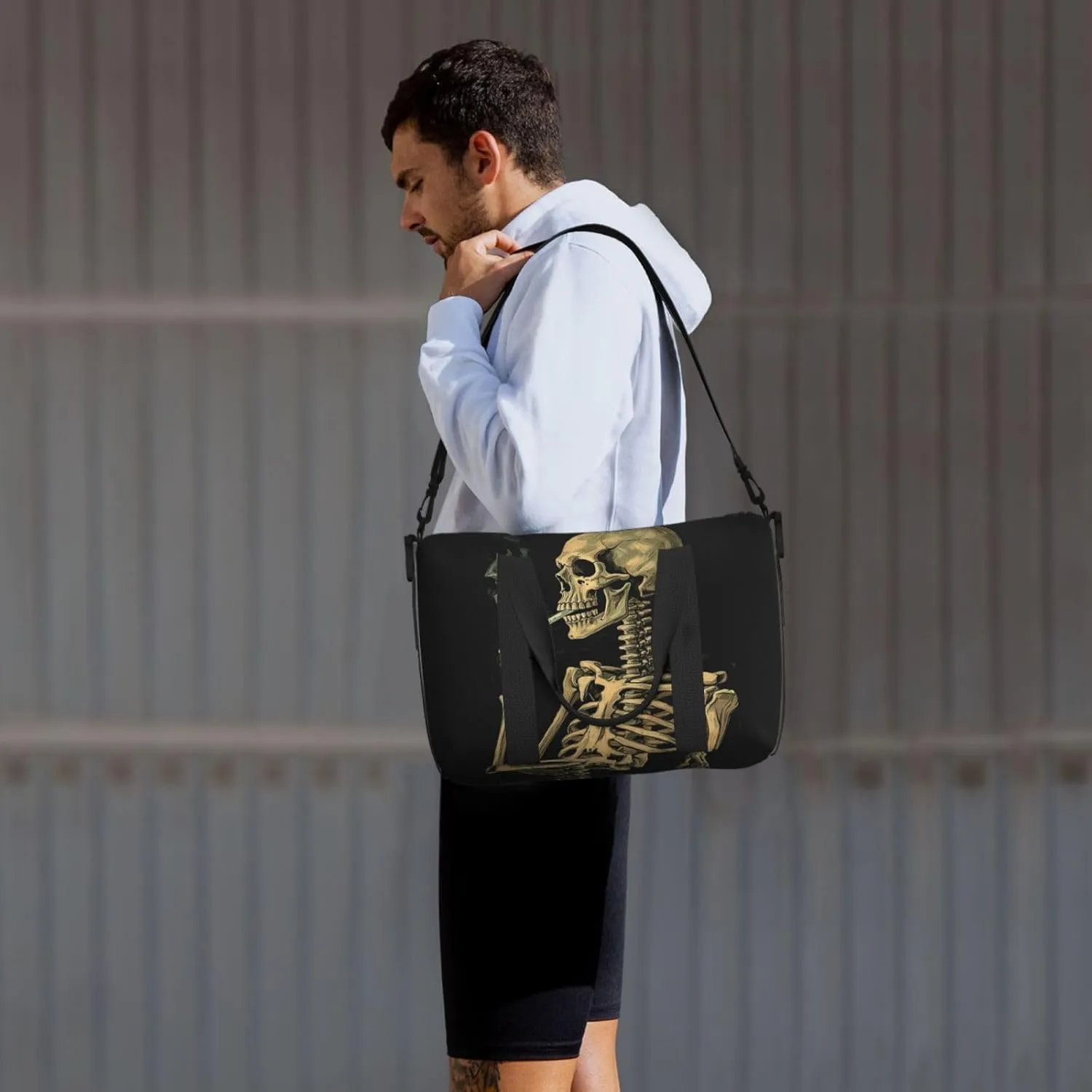 Sports Gym Bag for Women Men Travel Duffel Bag Tote Weekender Bag Carry on Overnight Bag for Travel Swimming Fitness Workout Sports A Skeleton with Burning Cigarette Duffle Bag