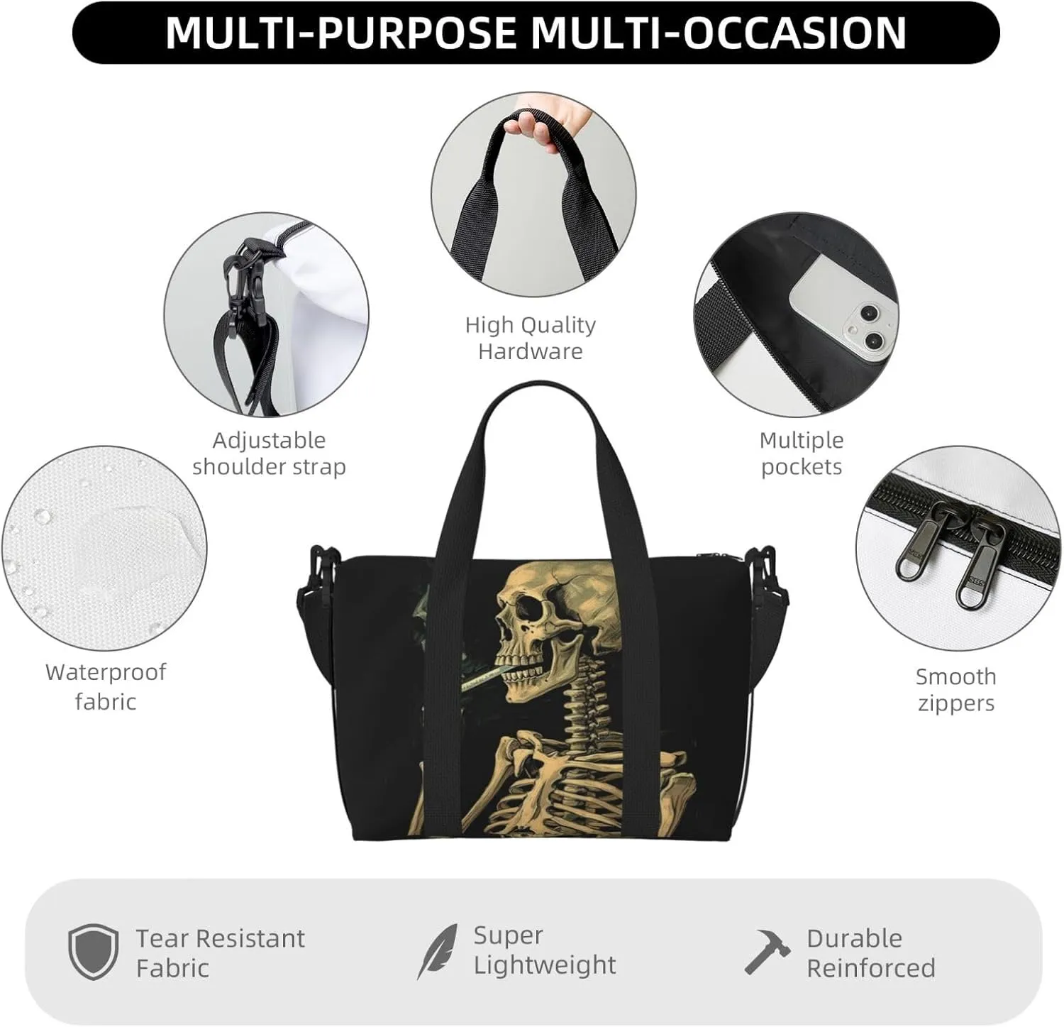 Sports Gym Bag for Women Men Travel Duffel Bag Tote Weekender Bag Carry on Overnight Bag for Travel Swimming Fitness Workout Sports A Skeleton with Burning Cigarette Duffle Bag