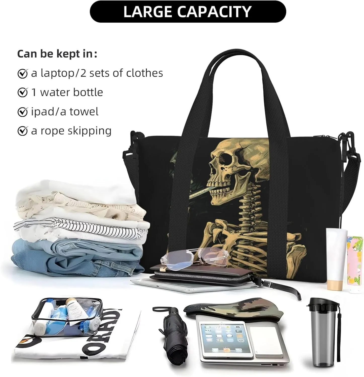 Sports Gym Bag for Women Men Travel Duffel Bag Tote Weekender Bag Carry on Overnight Bag for Travel Swimming Fitness Workout Sports A Skeleton with Burning Cigarette Duffle Bag