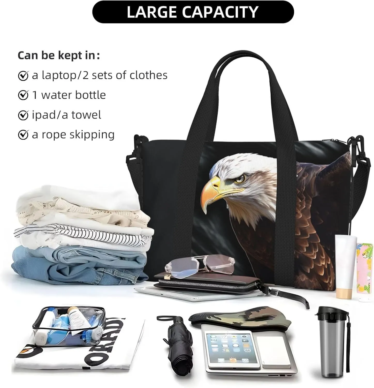 Sports Gym Bag for Women Men Travel Duffel Bag Tote Weekender Bag Carry on Overnight Bag for Travel Swimming Fitness Workout Sports An Eagle Duffle Bag