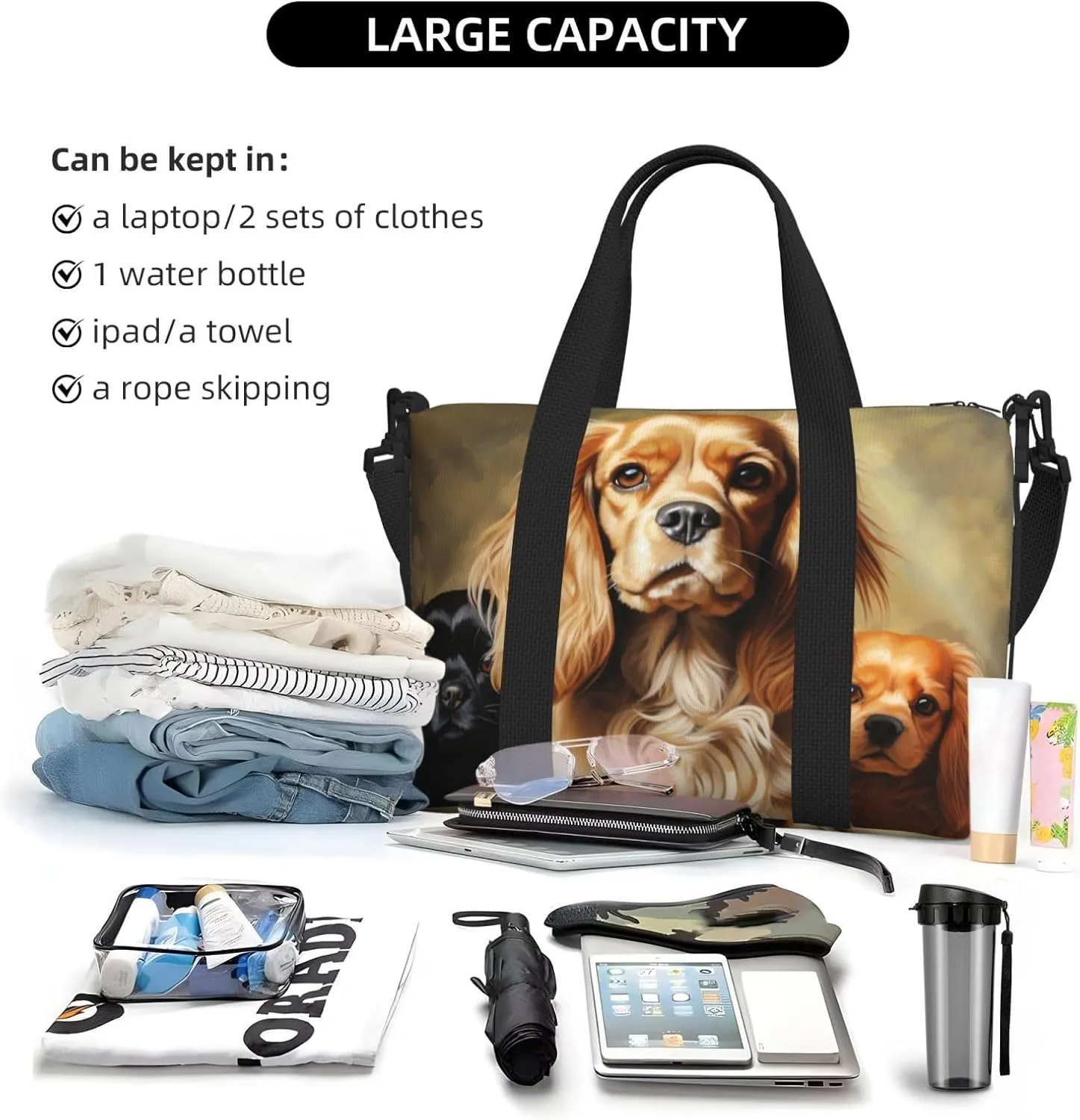 Sports Gym Bag for Women Men Travel Duffel Bag Tote Weekender Bag Carry on Overnight Bag for Travel Swimming Fitness Workout Sports Cocker Spaniel Duffle Bag