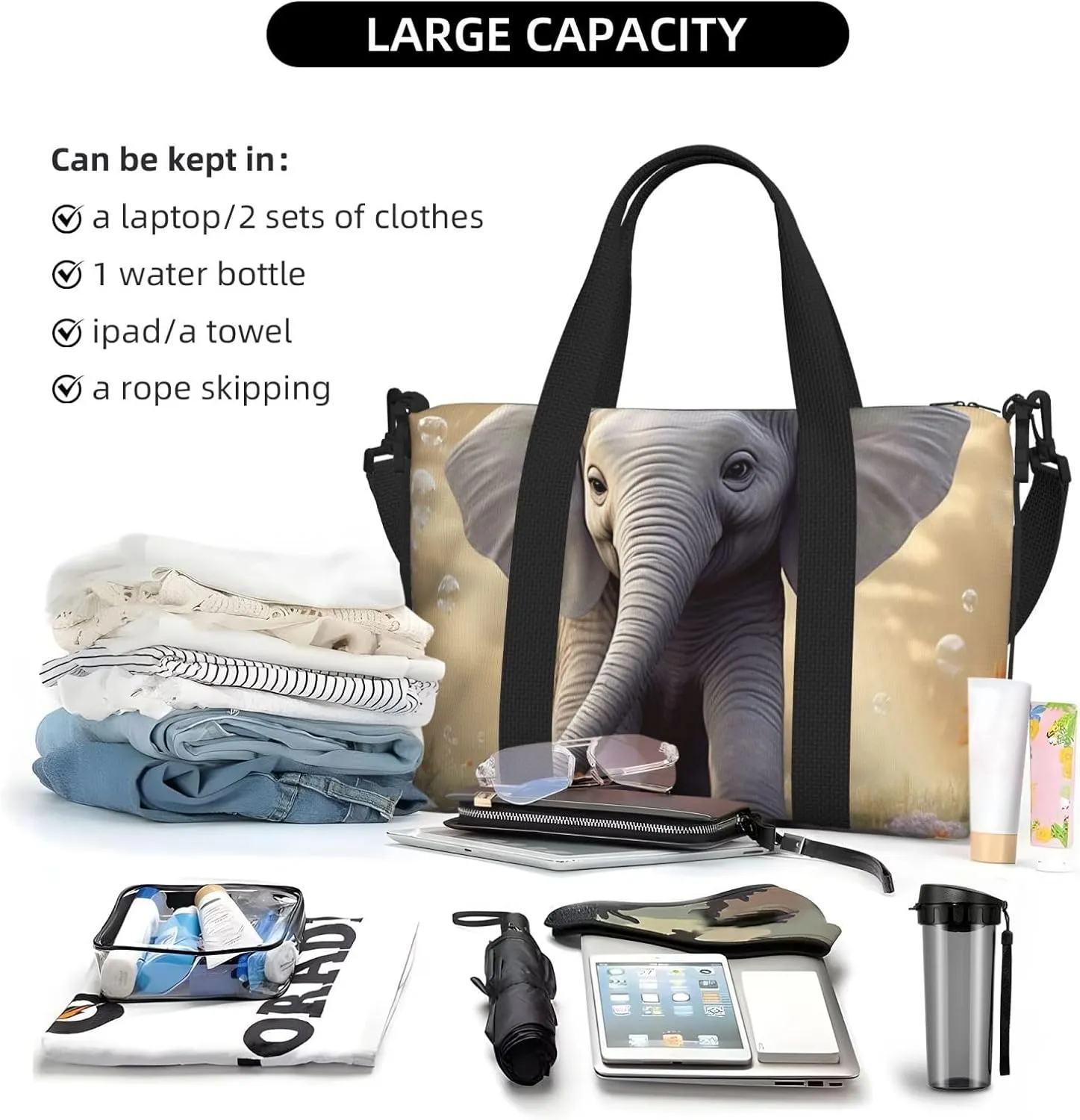 Sports Gym Bag for Women Men Travel Duffel Bag Tote Weekender Bag Carry on Overnight Bag for Travel Swimming Fitness Workout Sports Cute Elephant Play Duffle Bag