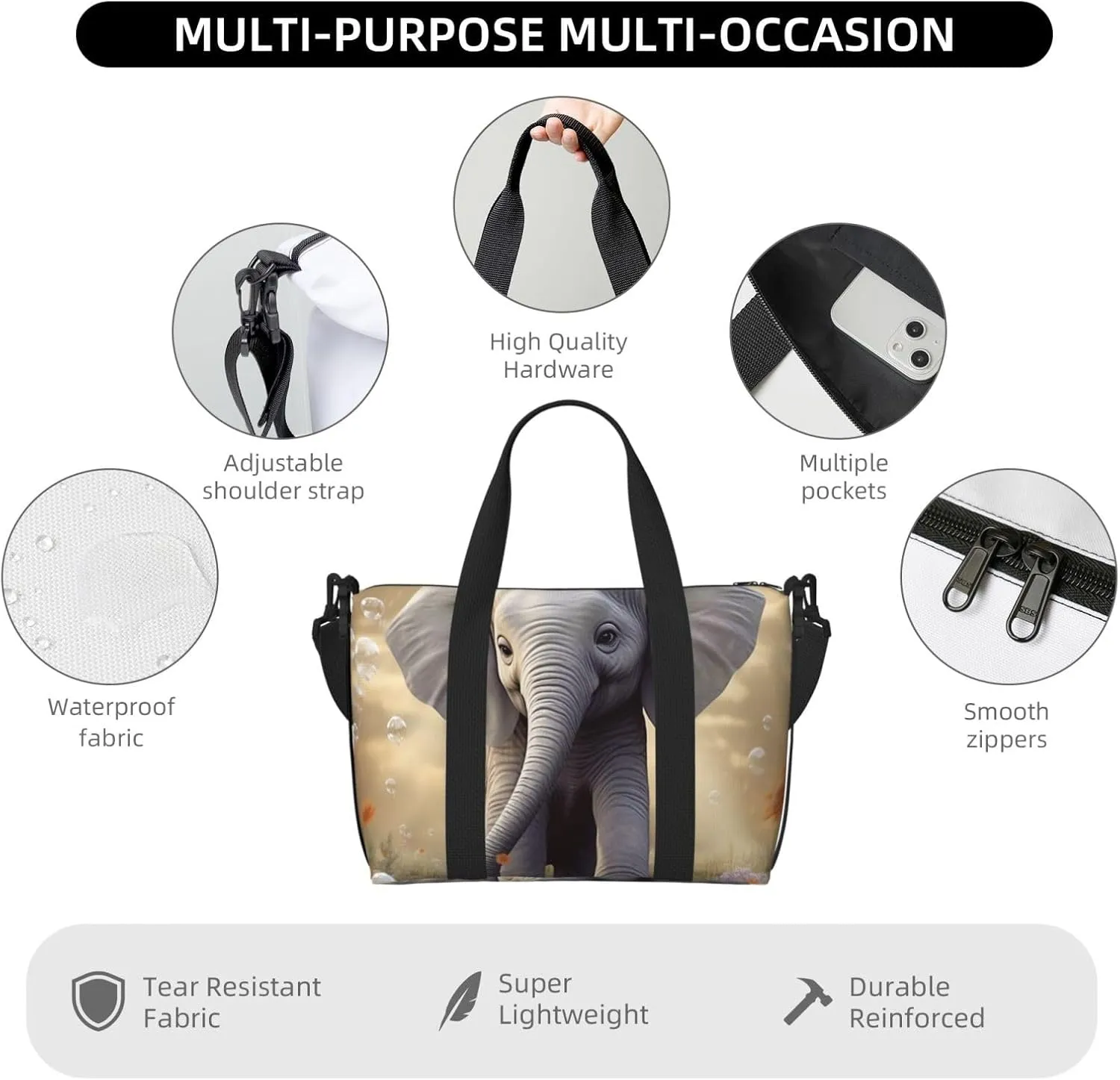 Sports Gym Bag for Women Men Travel Duffel Bag Tote Weekender Bag Carry on Overnight Bag for Travel Swimming Fitness Workout Sports Cute Elephant Play Duffle Bag