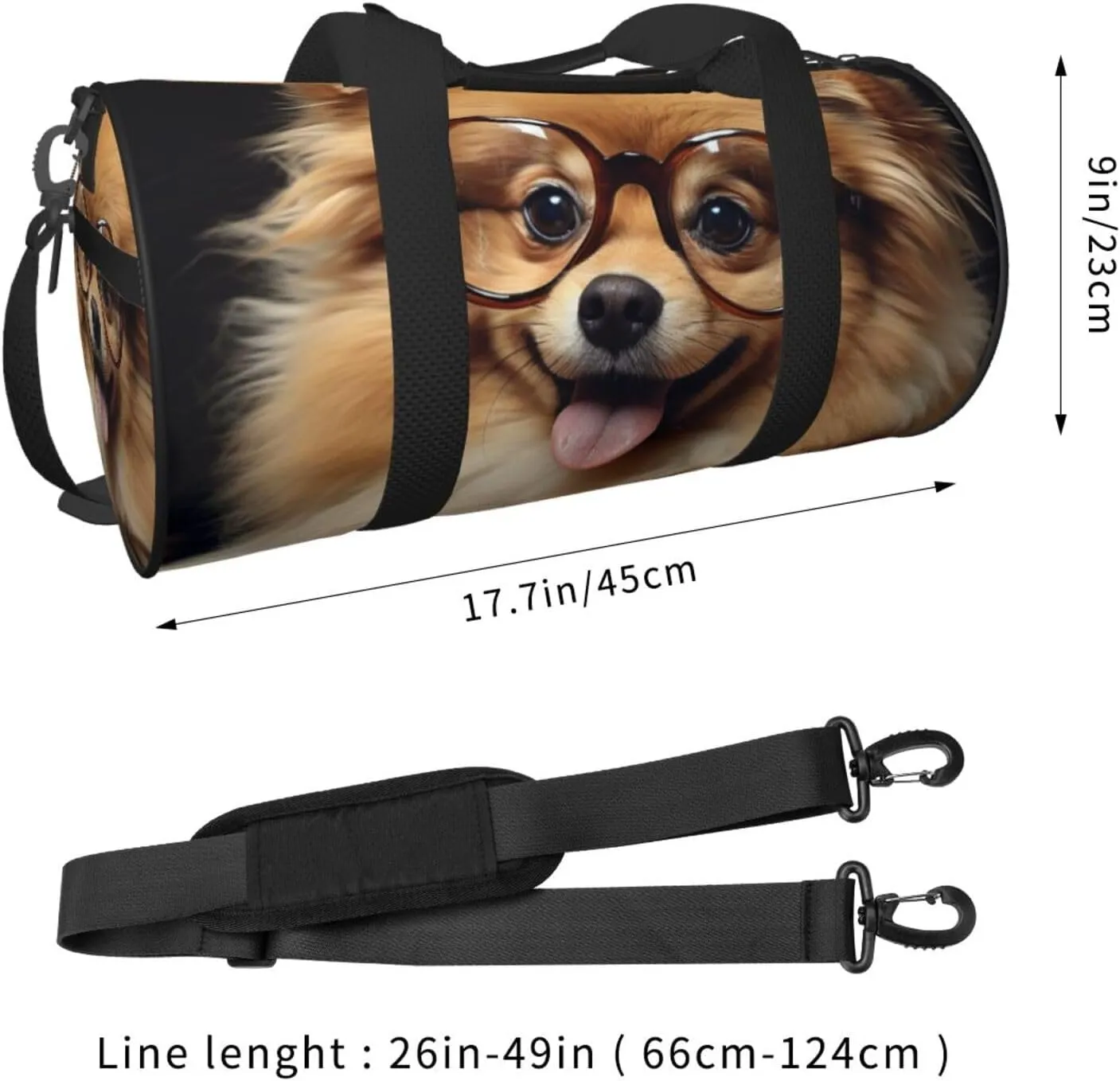 Sports Gym Bag for Women Men Travel Duffel Bag Tote Weekender Bag Carry on Overnight Bag for Travel Swimming Fitness Workout Sports Pomeranian dog wearing Glasses Duffle Bag