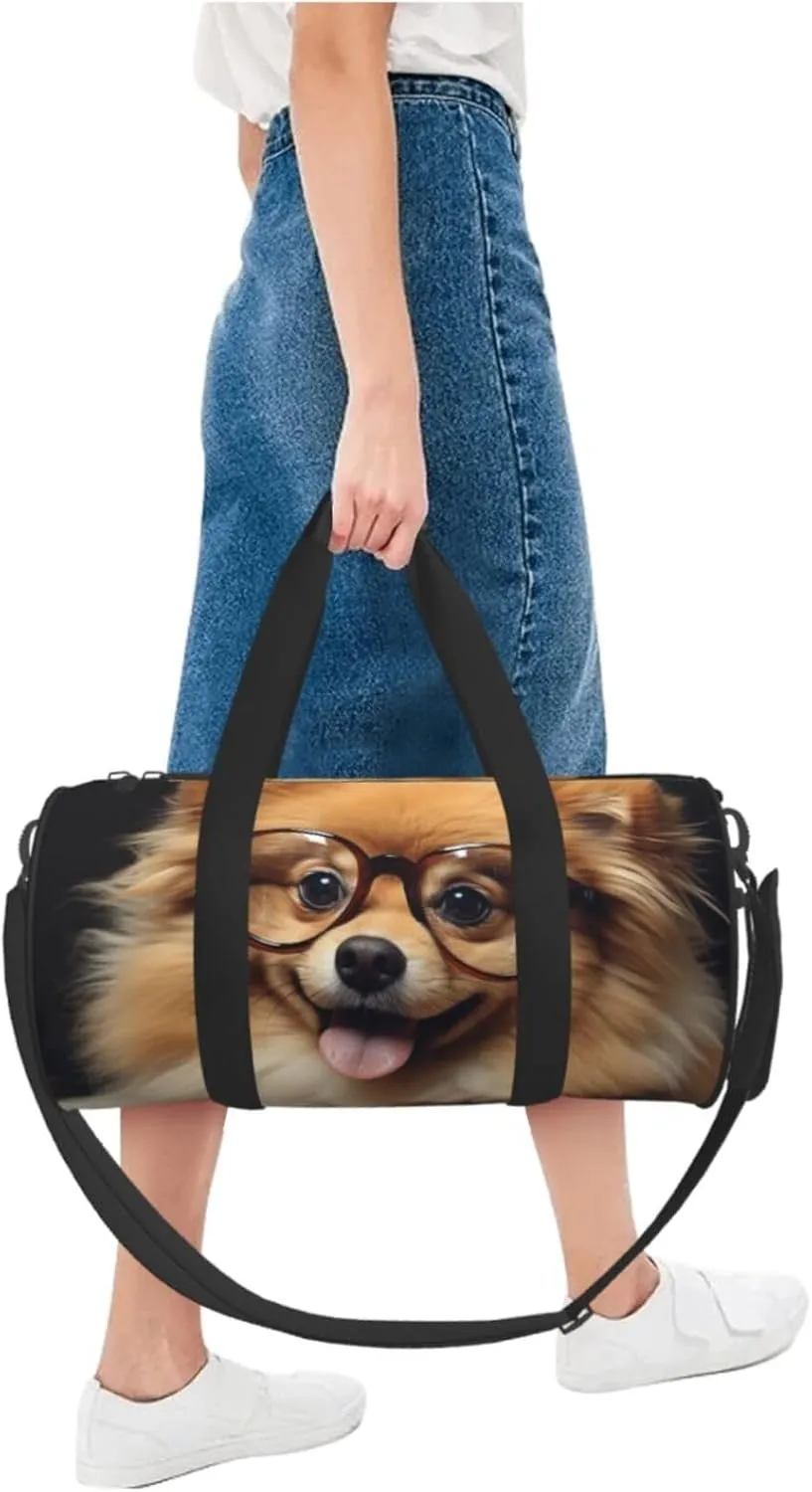 Sports Gym Bag for Women Men Travel Duffel Bag Tote Weekender Bag Carry on Overnight Bag for Travel Swimming Fitness Workout Sports Pomeranian dog wearing Glasses Duffle Bag