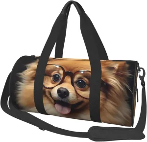 Sports Gym Bag for Women Men Travel Duffel Bag Tote Weekender Bag Carry on Overnight Bag for Travel Swimming Fitness Workout Sports Pomeranian dog wearing Glasses Duffle Bag