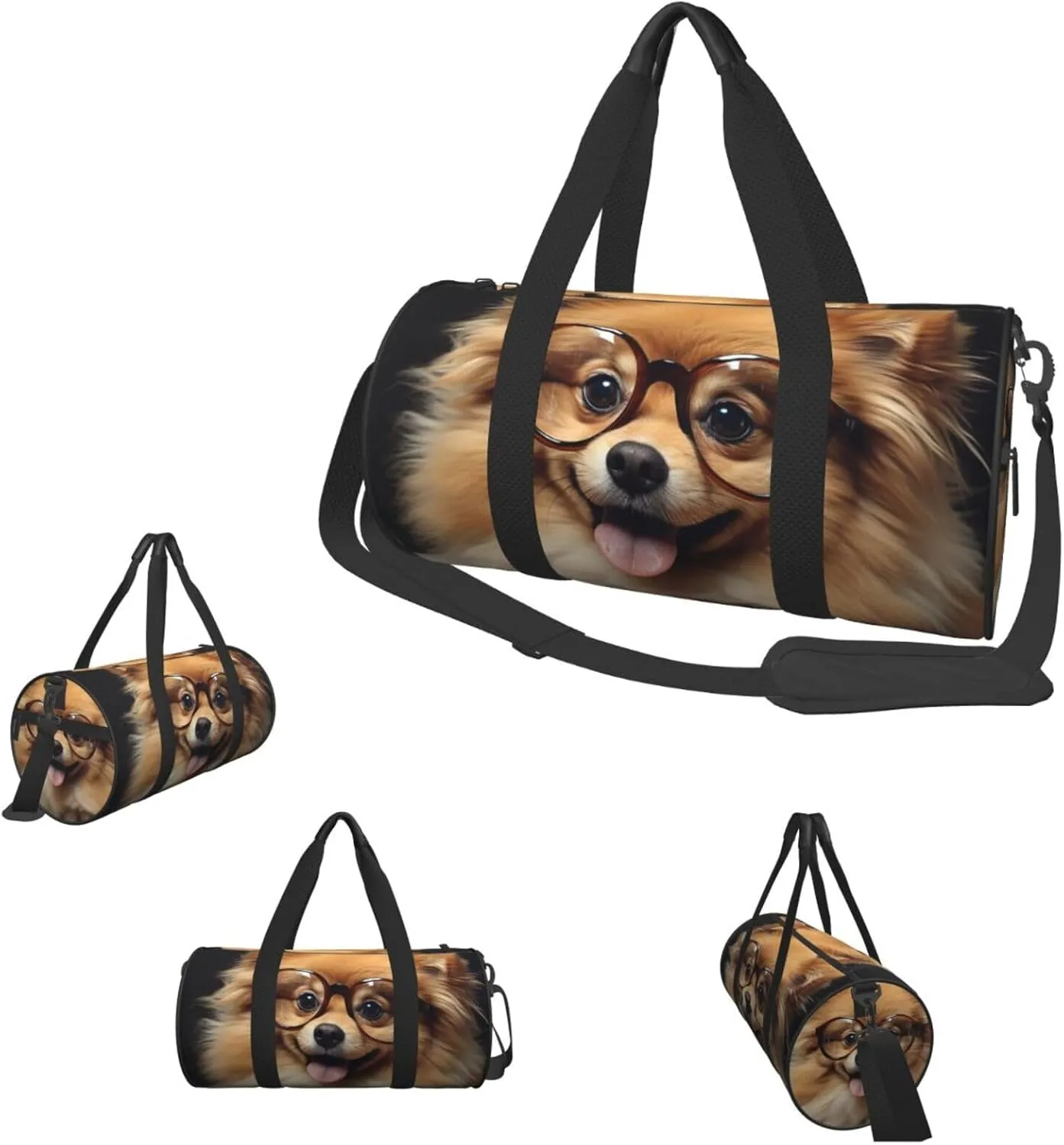 Sports Gym Bag for Women Men Travel Duffel Bag Tote Weekender Bag Carry on Overnight Bag for Travel Swimming Fitness Workout Sports Pomeranian dog wearing Glasses Duffle Bag