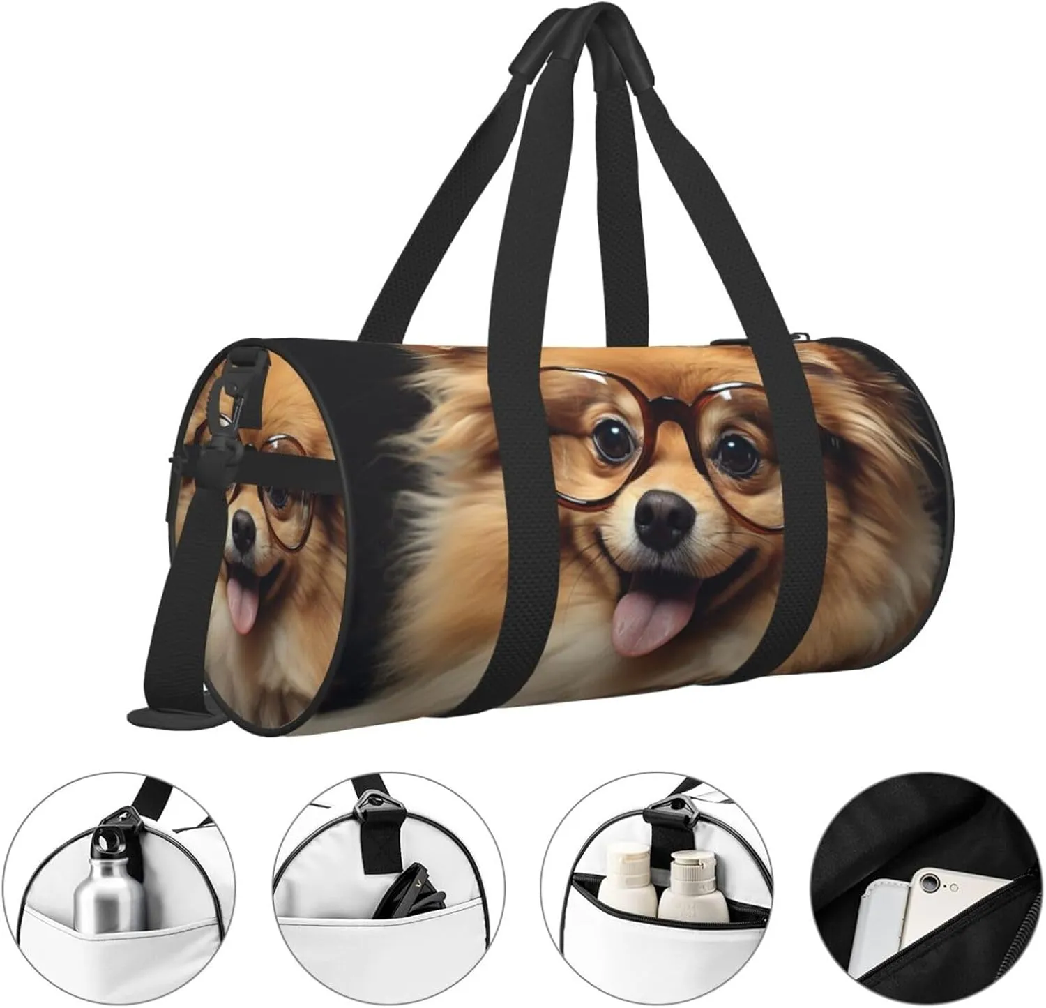 Sports Gym Bag for Women Men Travel Duffel Bag Tote Weekender Bag Carry on Overnight Bag for Travel Swimming Fitness Workout Sports Pomeranian dog wearing Glasses Duffle Bag