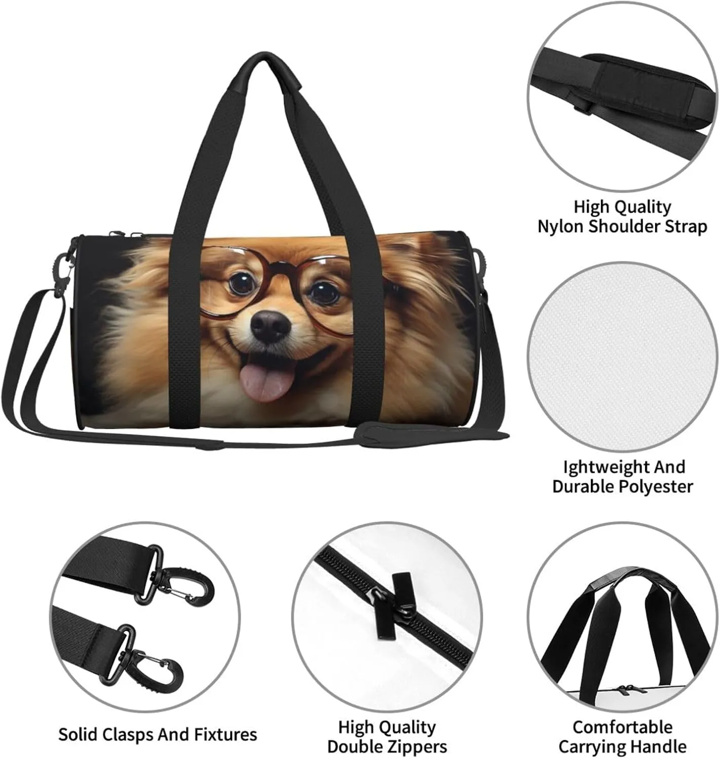 Sports Gym Bag for Women Men Travel Duffel Bag Tote Weekender Bag Carry on Overnight Bag for Travel Swimming Fitness Workout Sports Pomeranian dog wearing Glasses Duffle Bag