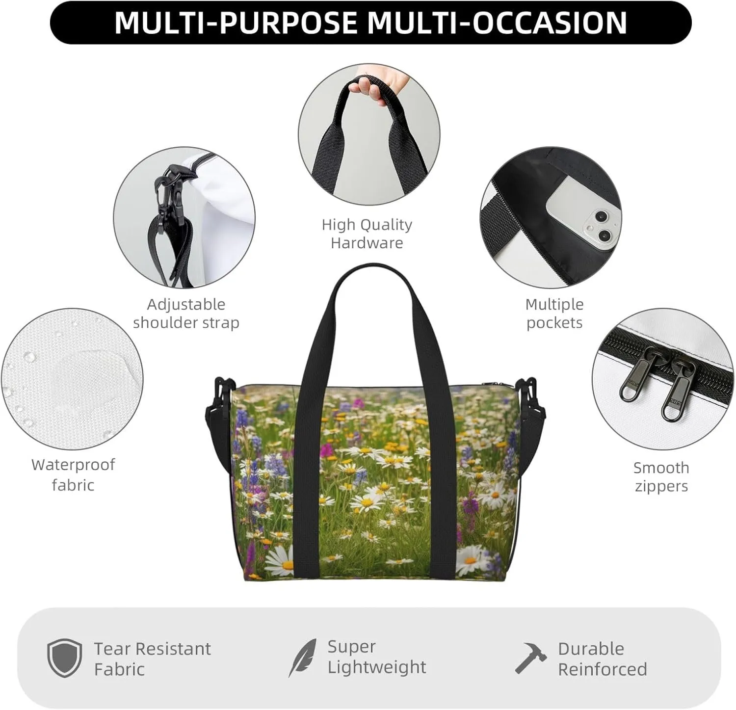 Sports Gym Bag for Women Men Travel Duffel Bag Tote Weekender Bag Carry on Overnight Bag for Travel Swimming Fitness Workout Sports Spring Meadow Flowers Duffle Bag