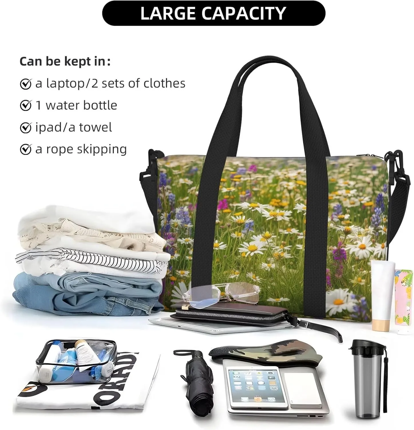 Sports Gym Bag for Women Men Travel Duffel Bag Tote Weekender Bag Carry on Overnight Bag for Travel Swimming Fitness Workout Sports Spring Meadow Flowers Duffle Bag