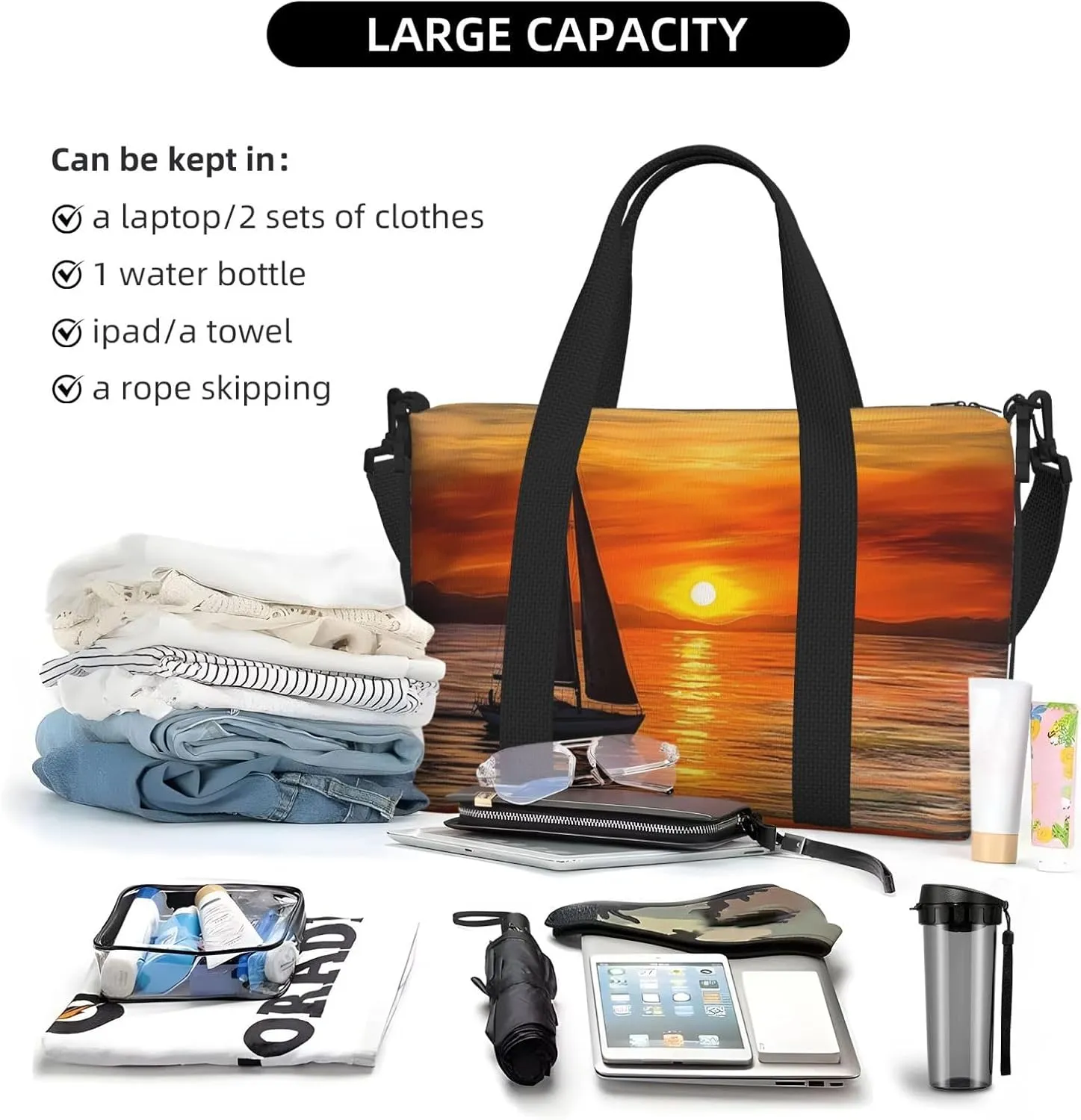 Sports Gym Bag for Women Men Travel Duffel Bag Tote Weekender Bag Carry on Overnight Bag for Travel Swimming Fitness Workout Sports Sunrise Sailing Boat Duffle Bag
