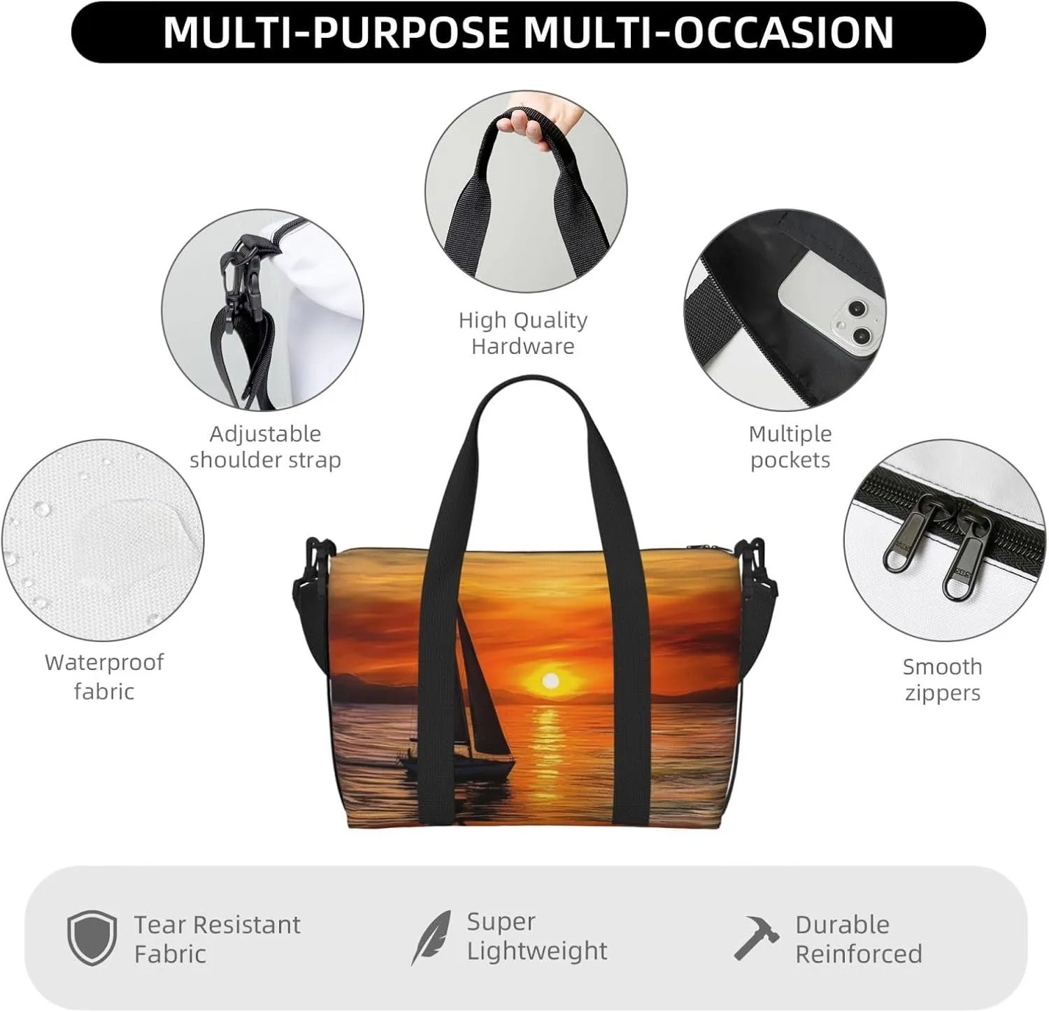 Sports Gym Bag for Women Men Travel Duffel Bag Tote Weekender Bag Carry on Overnight Bag for Travel Swimming Fitness Workout Sports Sunrise Sailing Boat Duffle Bag