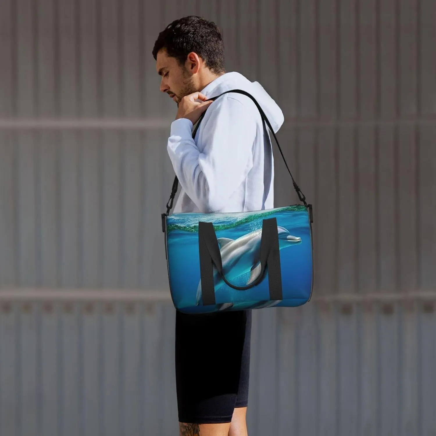 Sports Gym Bag for Women Men Travel Duffel Bag Tote Weekender Bag Carry on Overnight Bag for Travel Swimming Fitness Workout Sports Swimming Dolphin in Blue Sea Duffle Bag