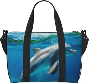 Sports Gym Bag for Women Men Travel Duffel Bag Tote Weekender Bag Carry on Overnight Bag for Travel Swimming Fitness Workout Sports Swimming Dolphin in Blue Sea Duffle Bag