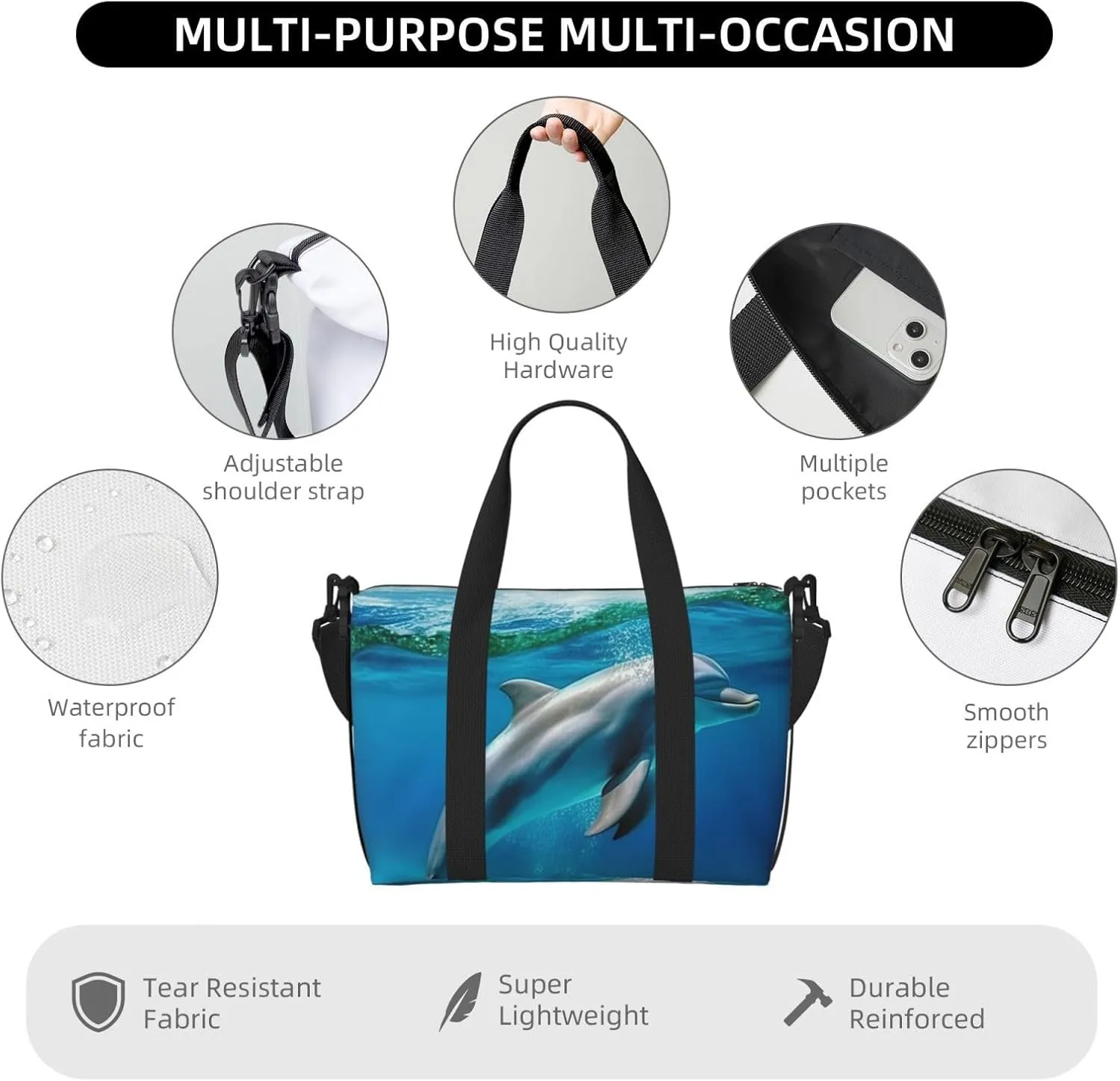 Sports Gym Bag for Women Men Travel Duffel Bag Tote Weekender Bag Carry on Overnight Bag for Travel Swimming Fitness Workout Sports Swimming Dolphin in Blue Sea Duffle Bag