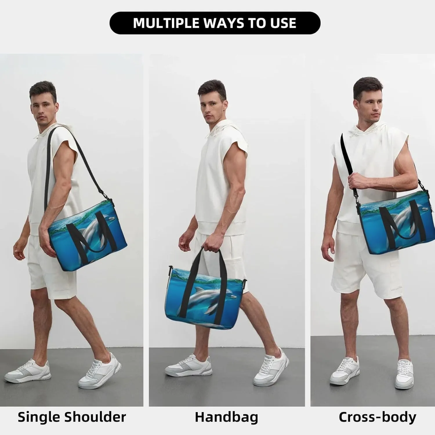Sports Gym Bag for Women Men Travel Duffel Bag Tote Weekender Bag Carry on Overnight Bag for Travel Swimming Fitness Workout Sports Swimming Dolphin in Blue Sea Duffle Bag