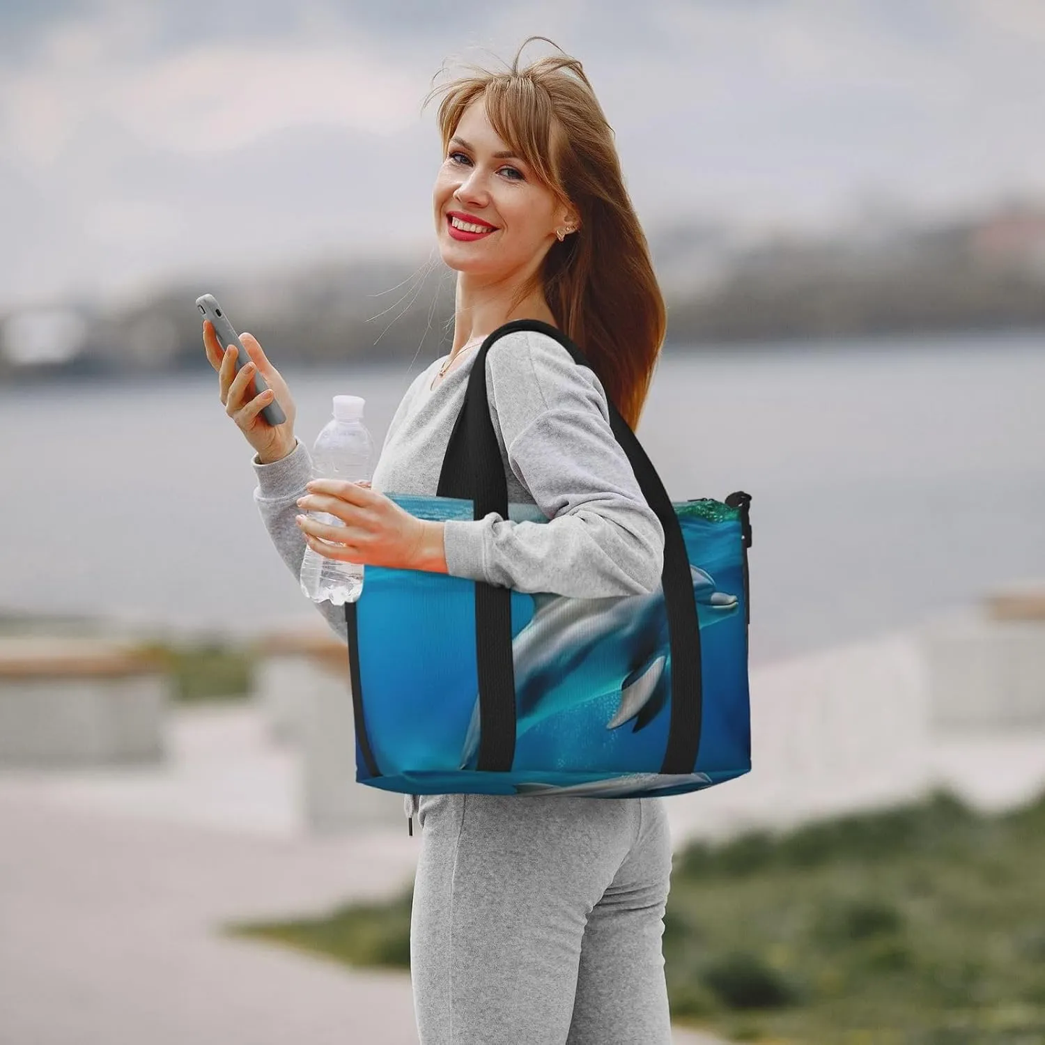 Sports Gym Bag for Women Men Travel Duffel Bag Tote Weekender Bag Carry on Overnight Bag for Travel Swimming Fitness Workout Sports Swimming Dolphin in Blue Sea Duffle Bag