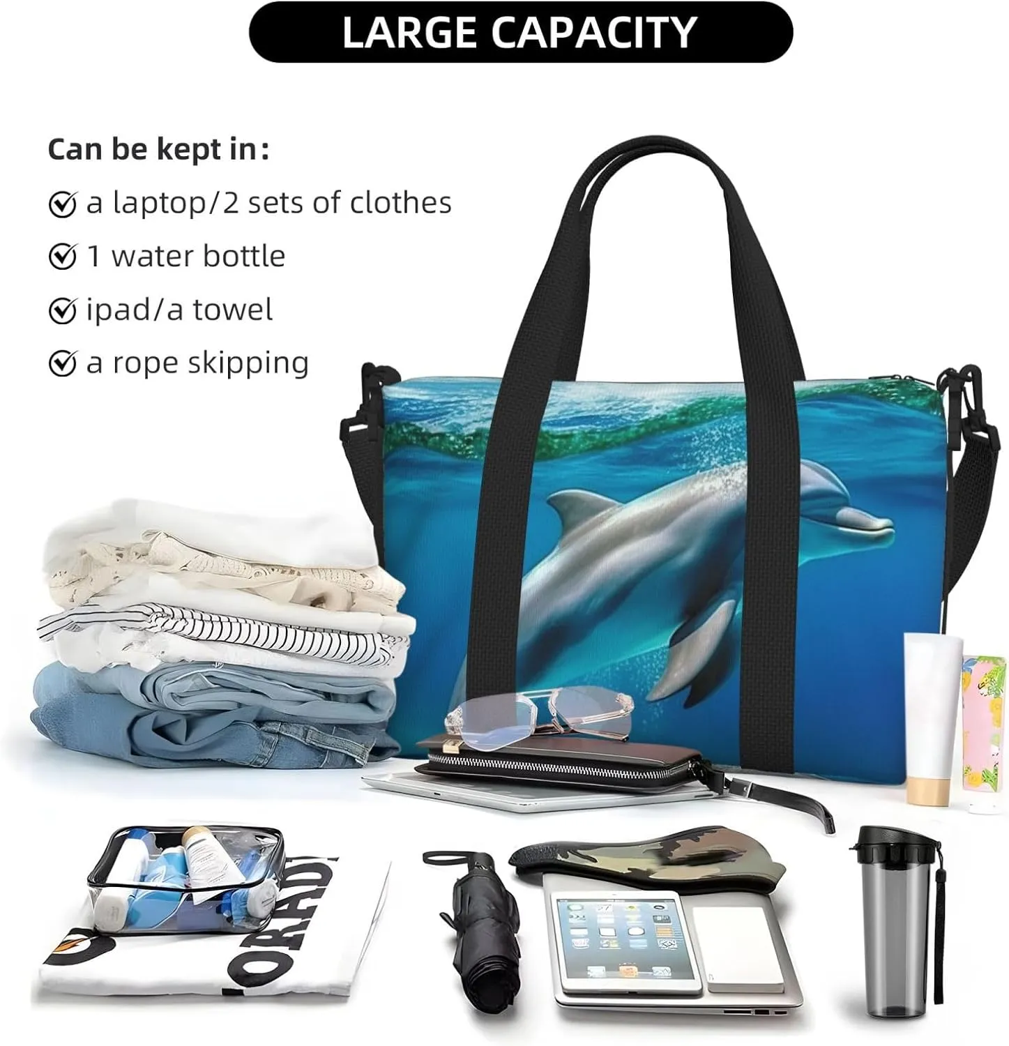 Sports Gym Bag for Women Men Travel Duffel Bag Tote Weekender Bag Carry on Overnight Bag for Travel Swimming Fitness Workout Sports Swimming Dolphin in Blue Sea Duffle Bag