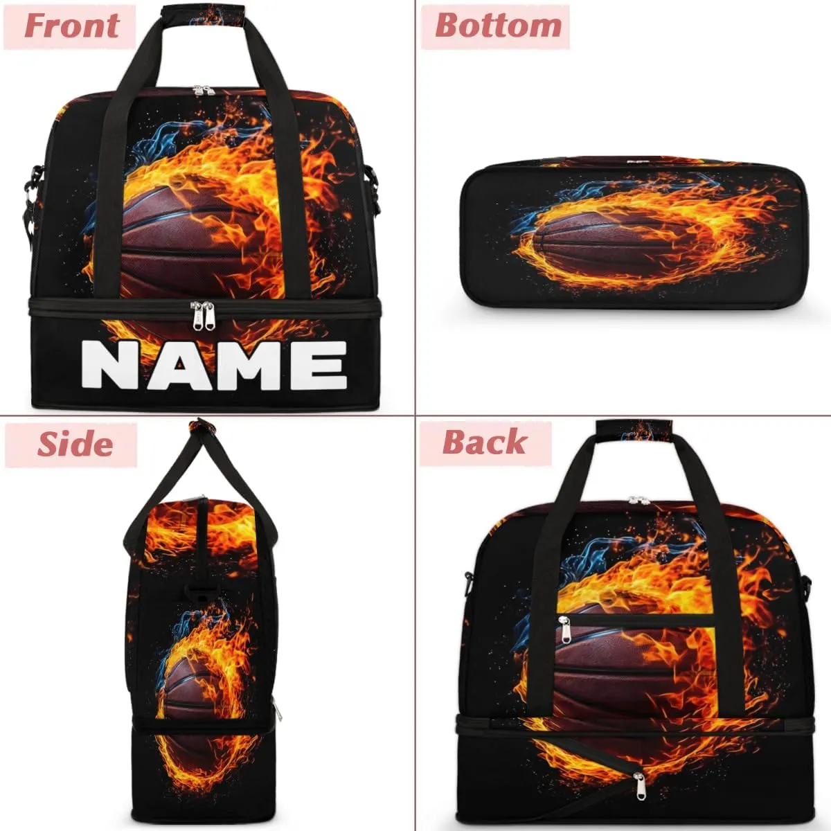 Sports Theme Basketball Custom Foldable Duffle Bag with Shoes Compartment Personalized Large Capacity Waterproof Travel Weekender Bag Overnight Bag for Sports Gym