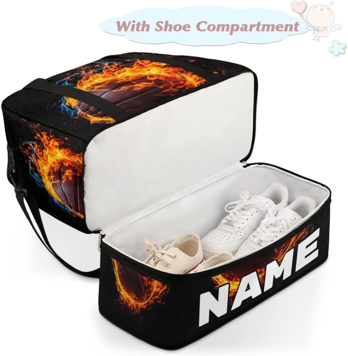 Sports Theme Basketball Custom Foldable Duffle Bag with Shoes Compartment Personalized Large Capacity Waterproof Travel Weekender Bag Overnight Bag for Sports Gym