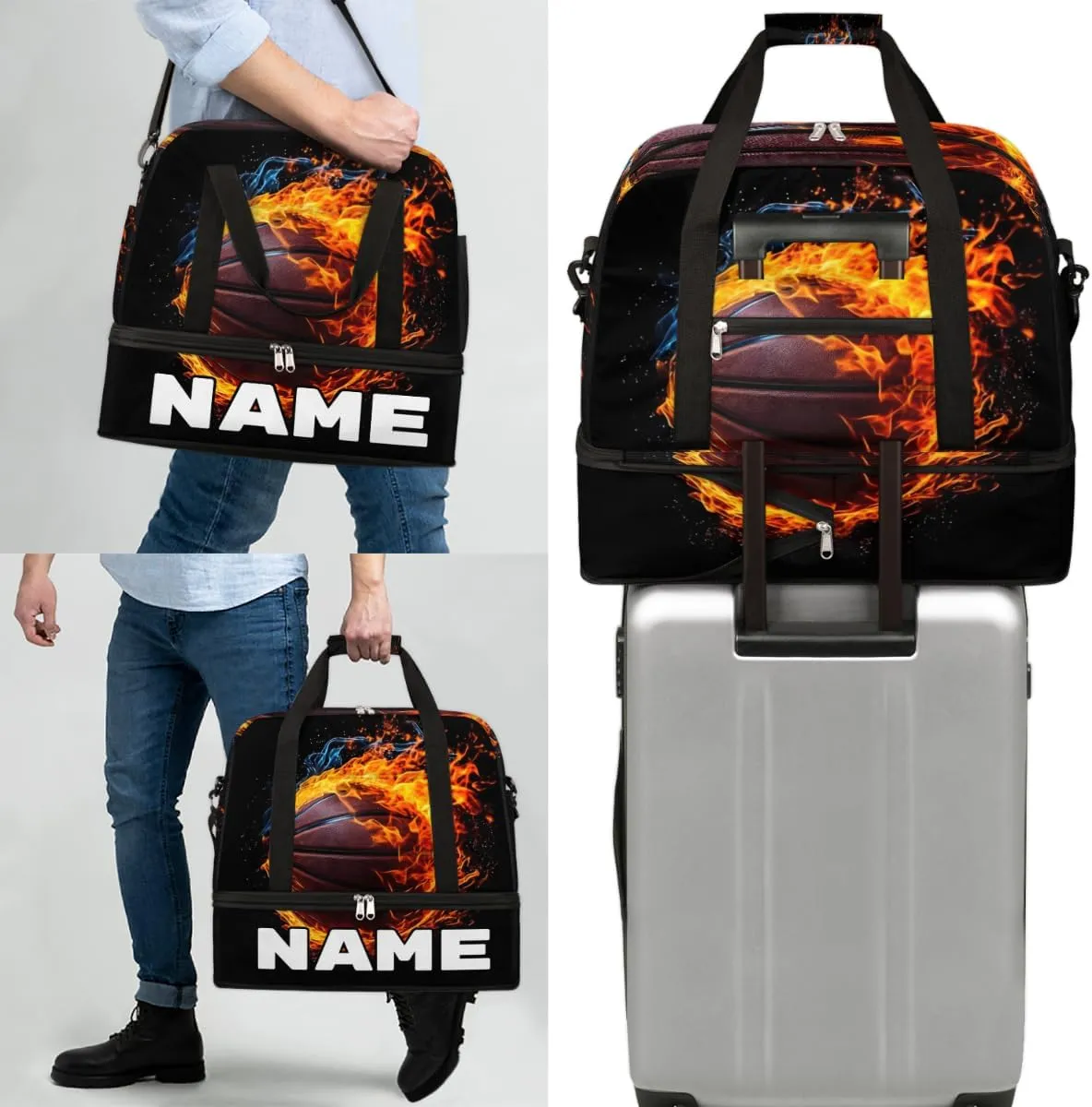 Sports Theme Basketball Custom Foldable Duffle Bag with Shoes Compartment Personalized Large Capacity Waterproof Travel Weekender Bag Overnight Bag for Sports Gym