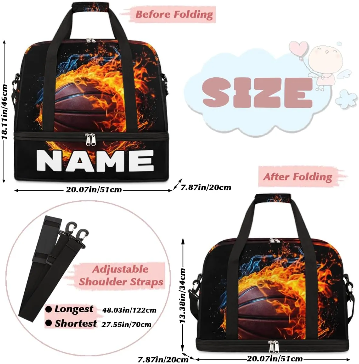 Sports Theme Basketball Custom Foldable Duffle Bag with Shoes Compartment Personalized Large Capacity Waterproof Travel Weekender Bag Overnight Bag for Sports Gym